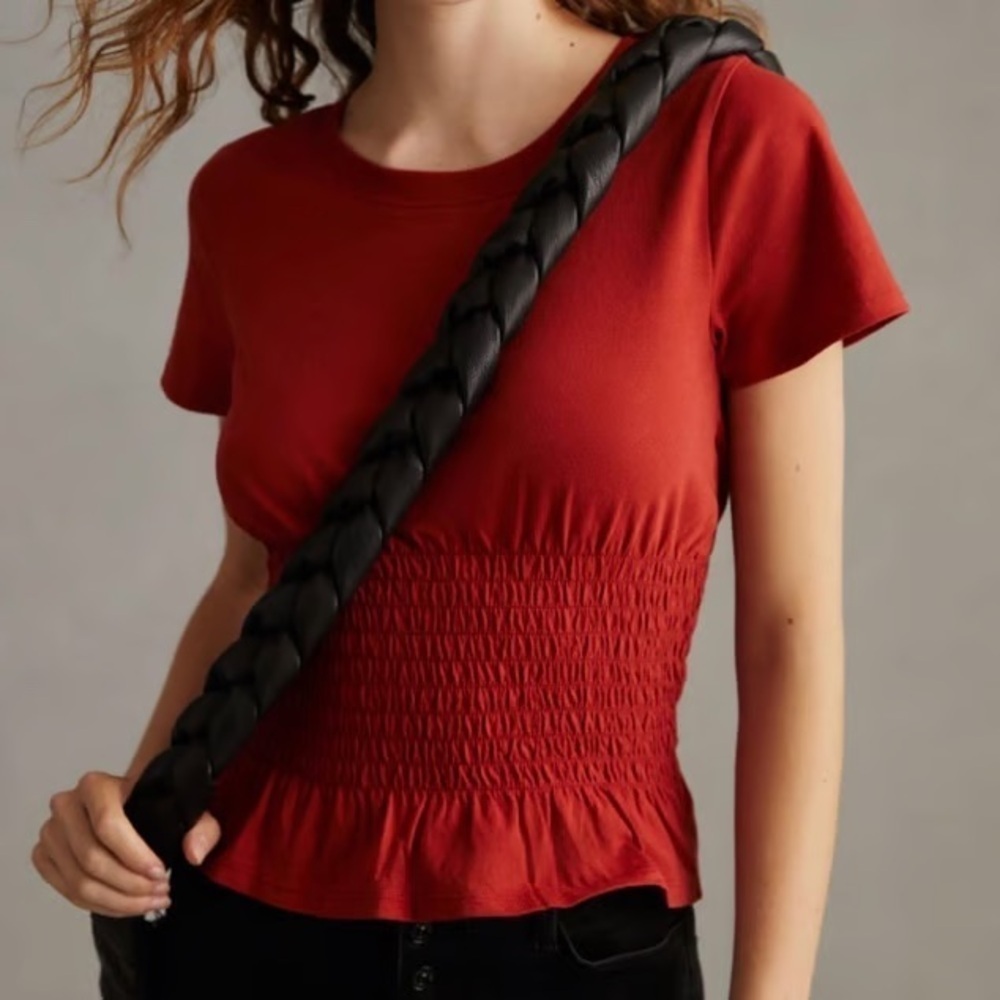 Anthropologie Maeve T-Shirt Red Smocked Short Sleeve Peplum Sz. L